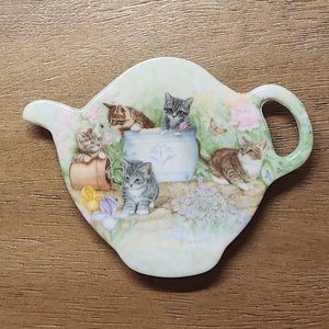 Vintage Tea Bag Holder Cat Kitten Motif Italy Melamine Teapot Shape